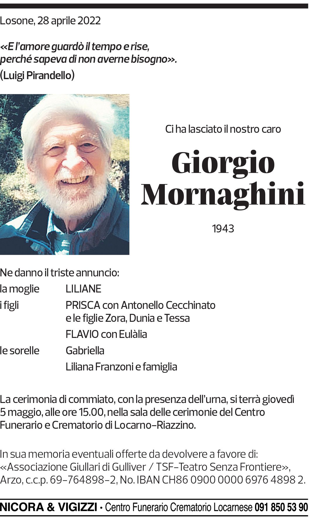 Annuncio funebre Giorgio Mornaghini