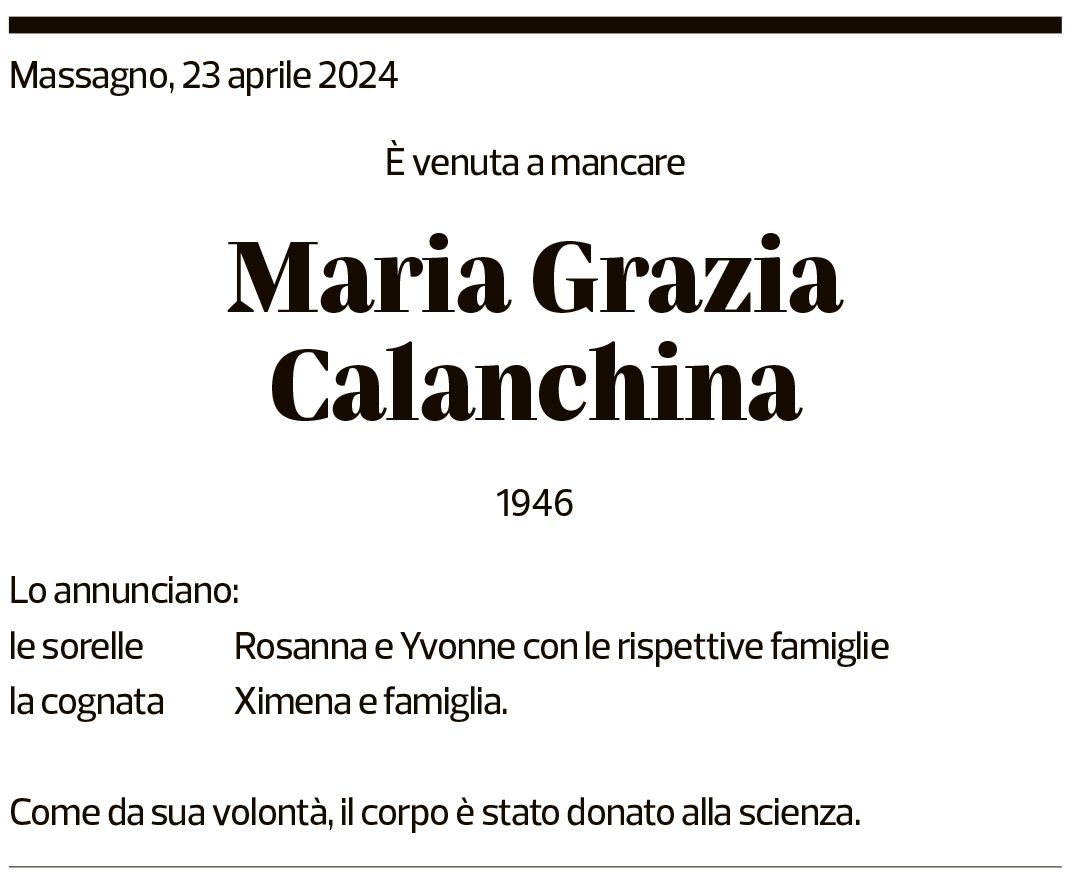 Annuncio funebre Maria Grazia Calanchina