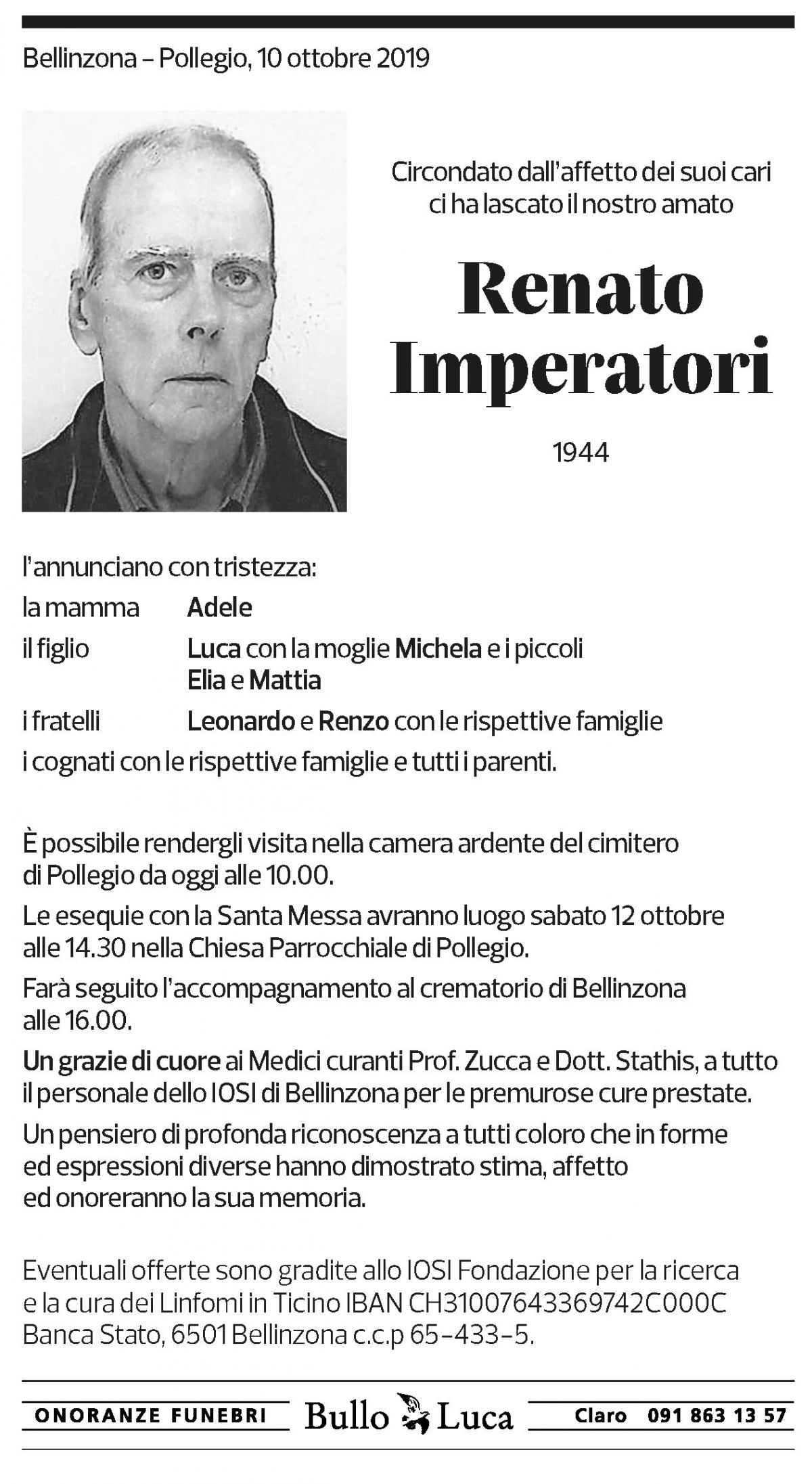 Annuncio funebre Renato Imperatori