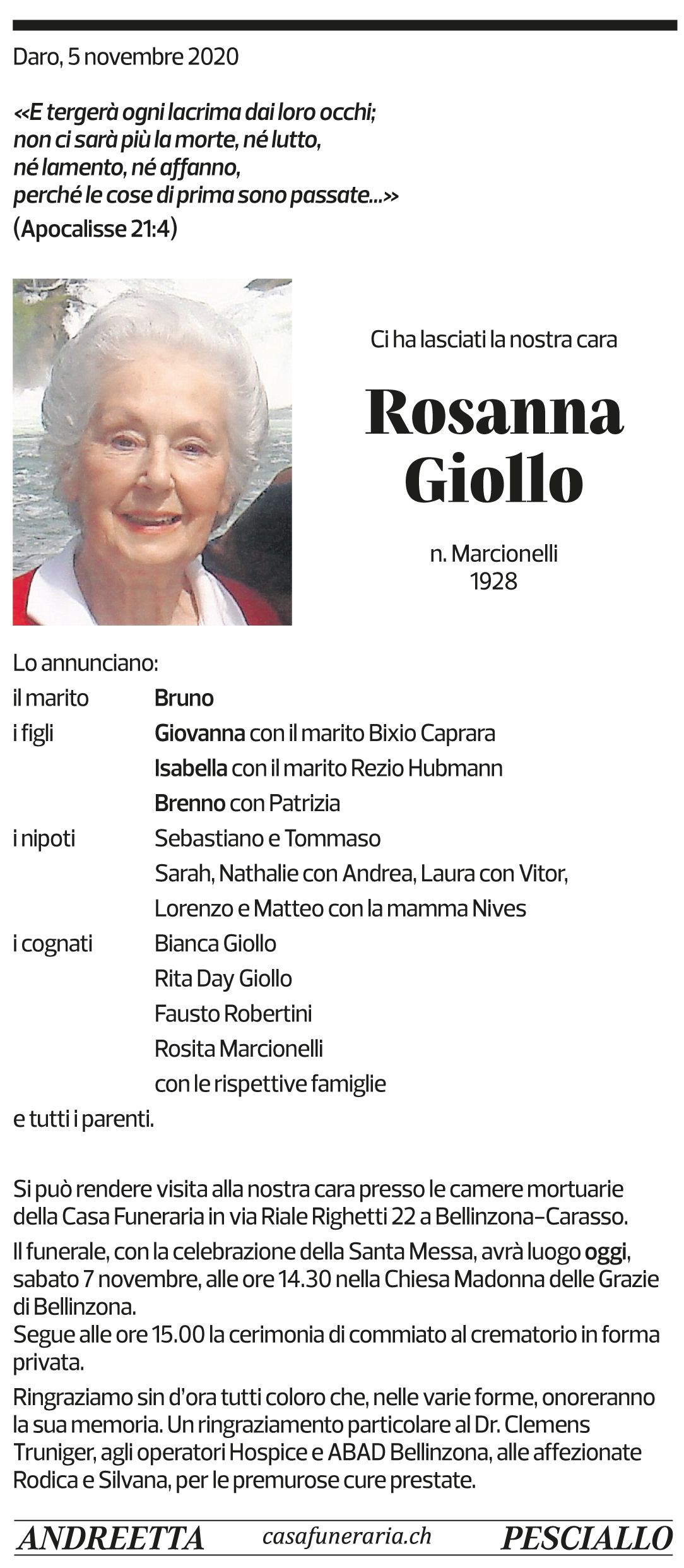 Annuncio funebre Rosanna Giollo