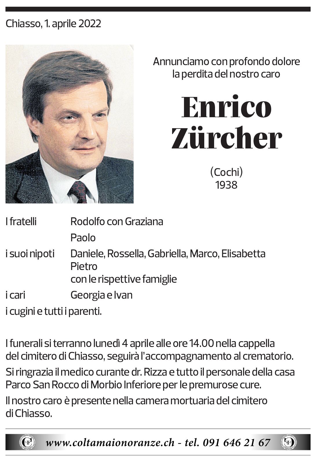 Annuncio funebre Enrico Zürcher