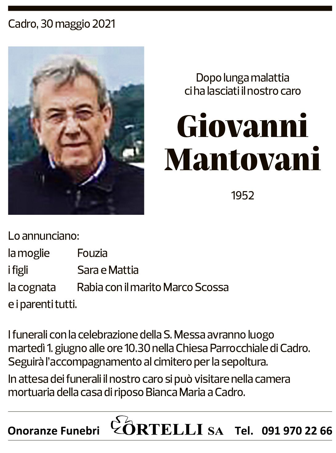 Annuncio funebre Giovanni Mantovani