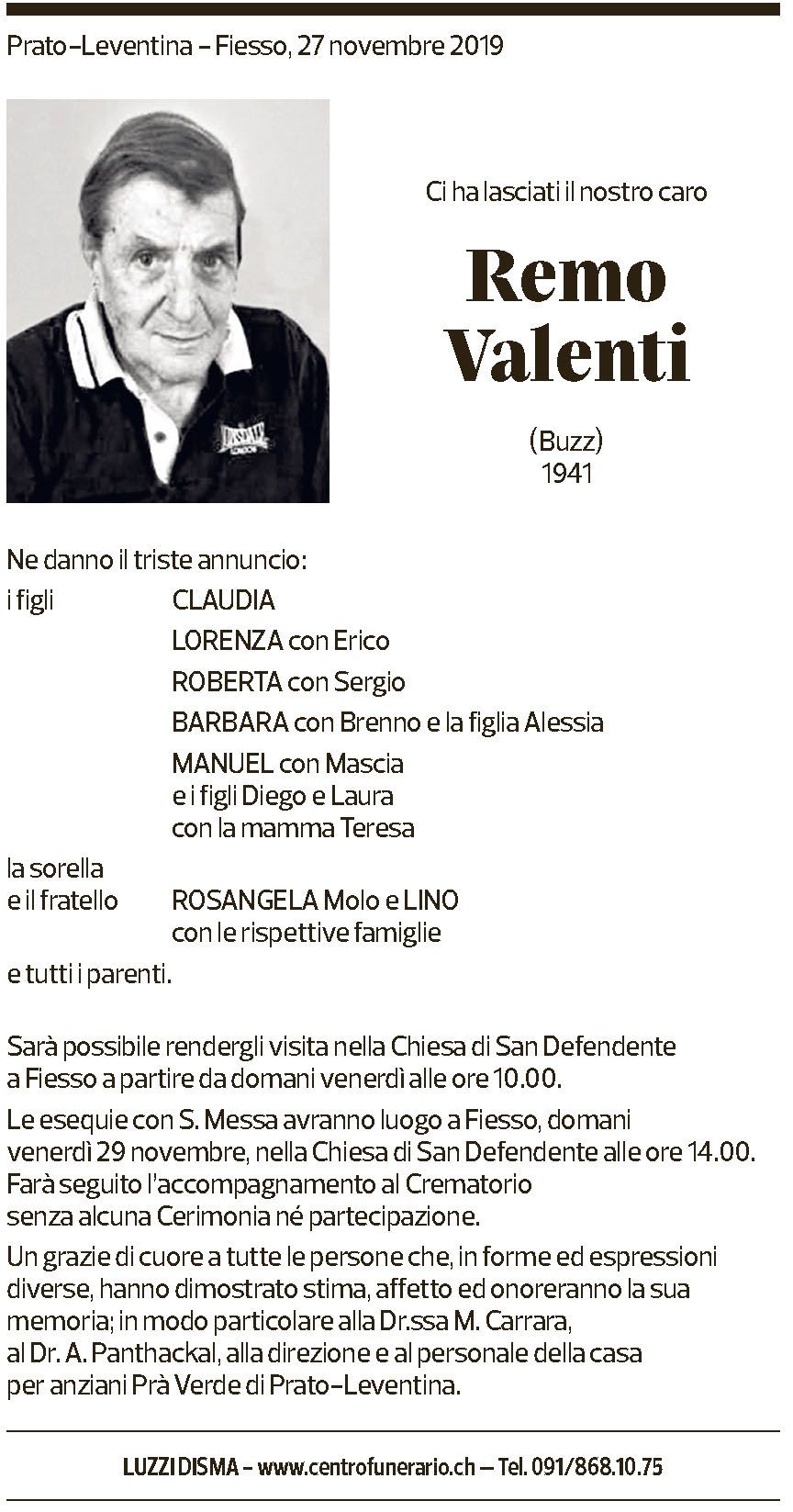 Annuncio funebre Remo Valenti