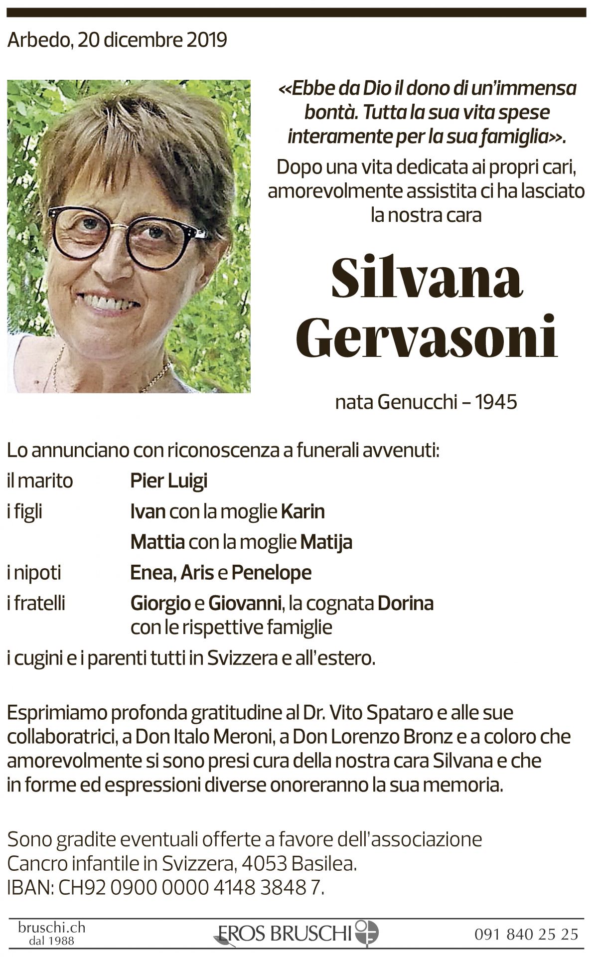 Annuncio funebre Arbedo Gervasoni
