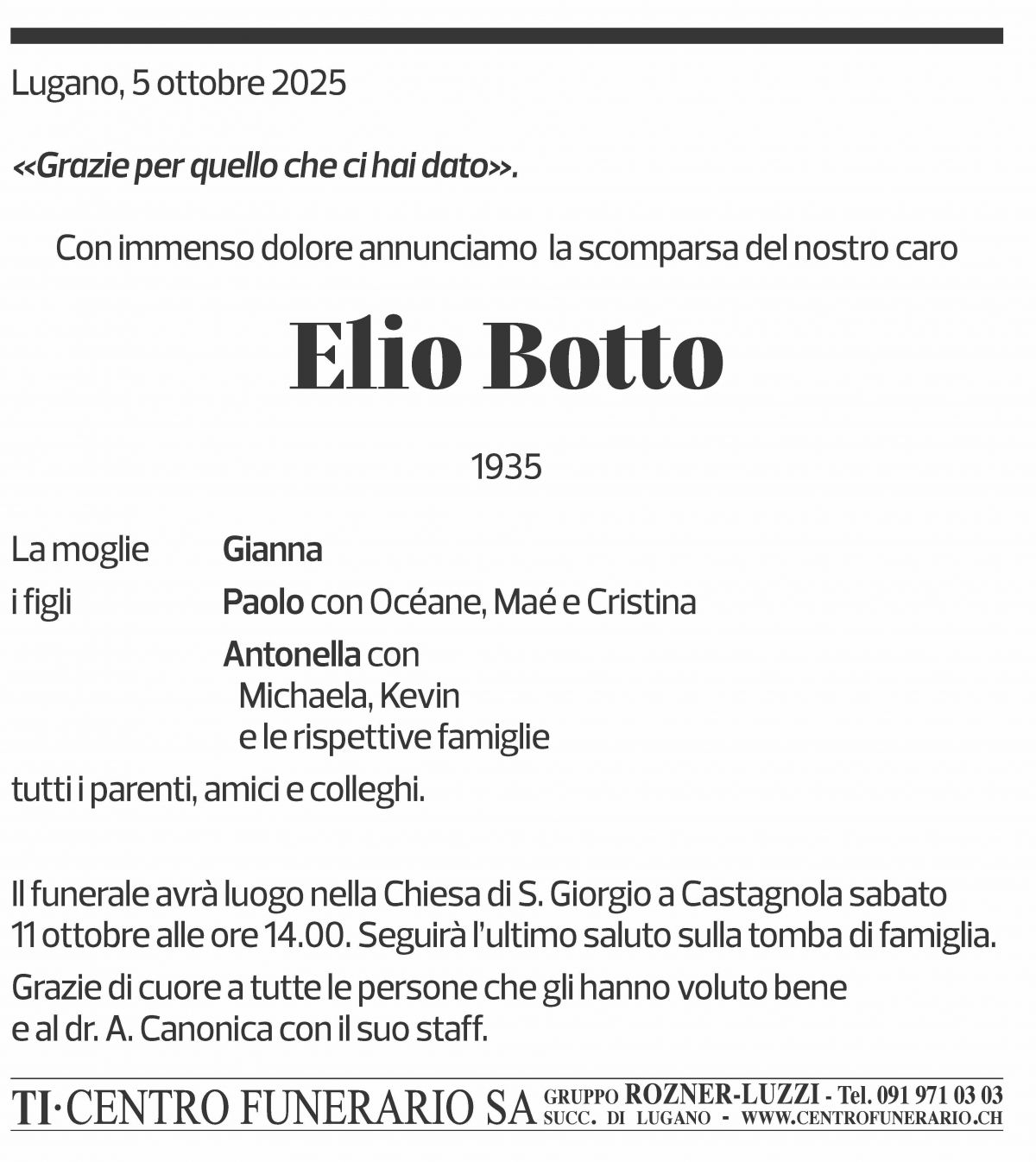 Annuncio funebre Elio Botto
