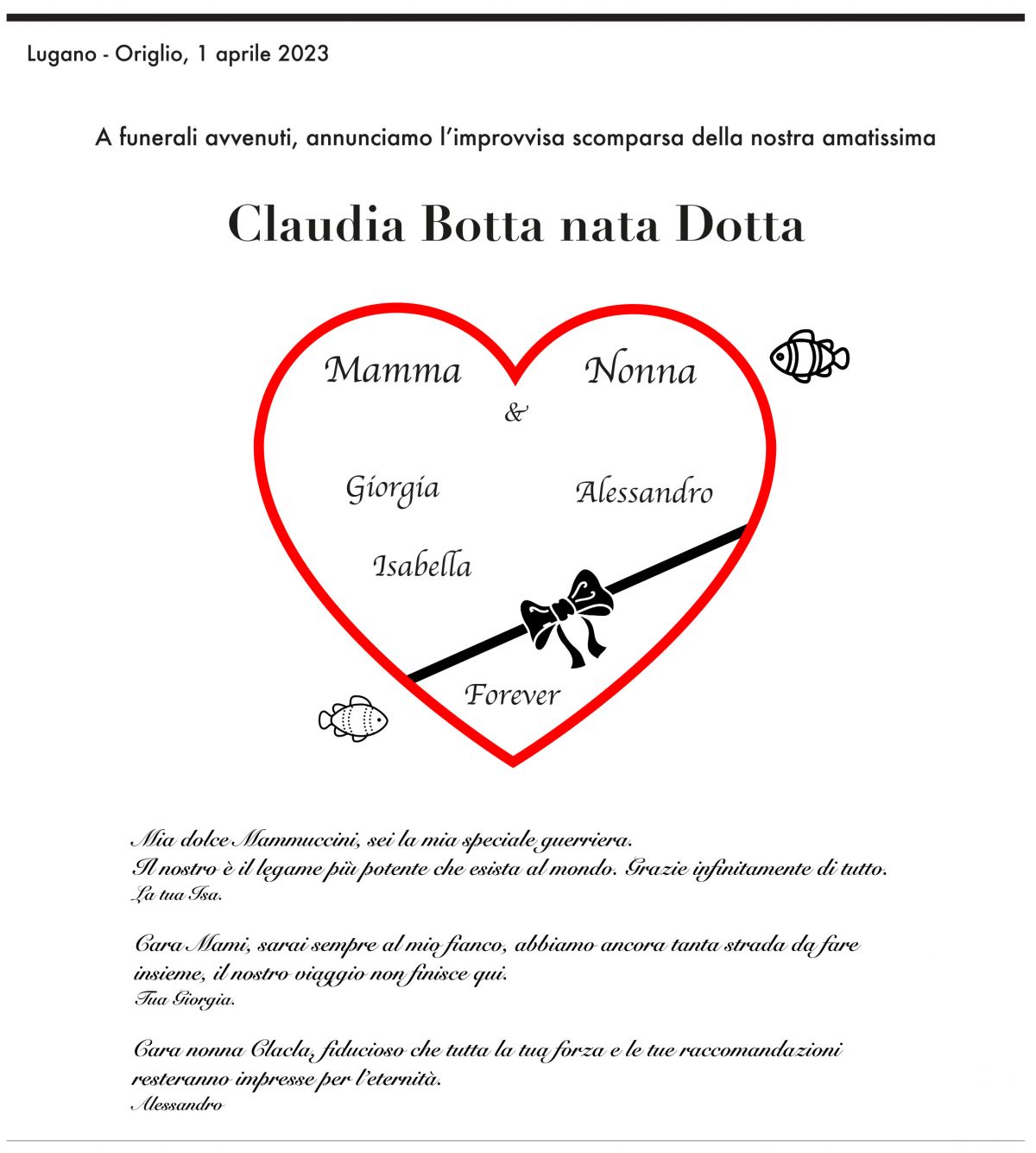 Annuncio funebre Claudia Botta