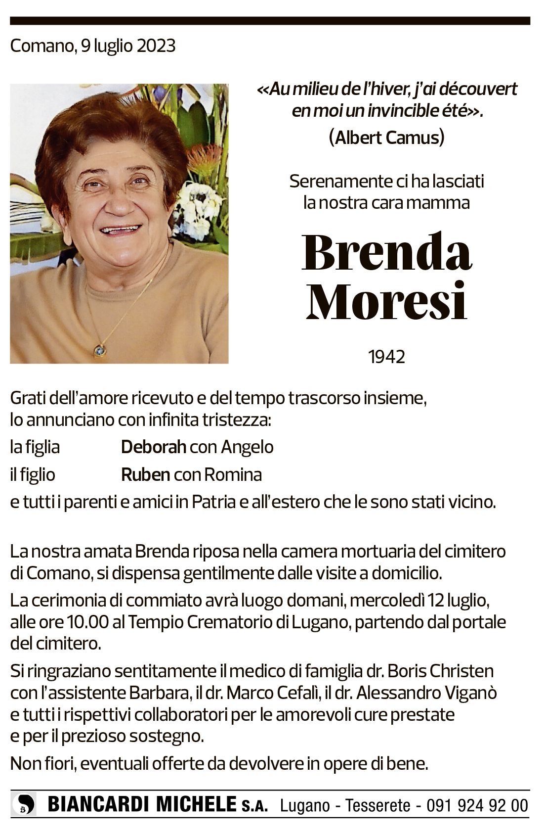 Annuncio funebre Brenda Moresi