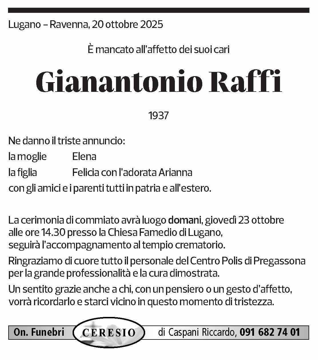Annuncio funebre Gianantonio Raffi
