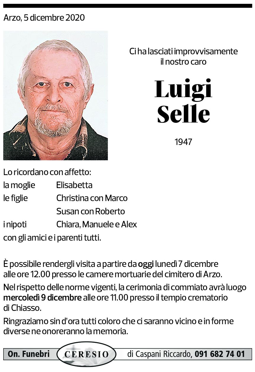 Annuncio funebre Luigi Selle