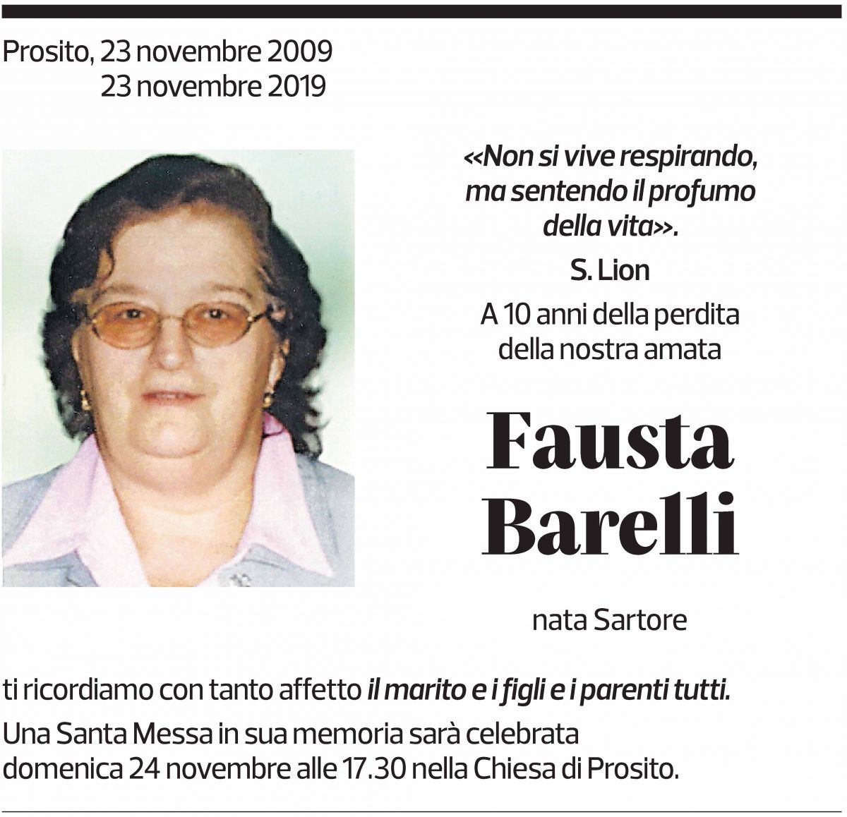 Annuncio funebre Fausta Barelli