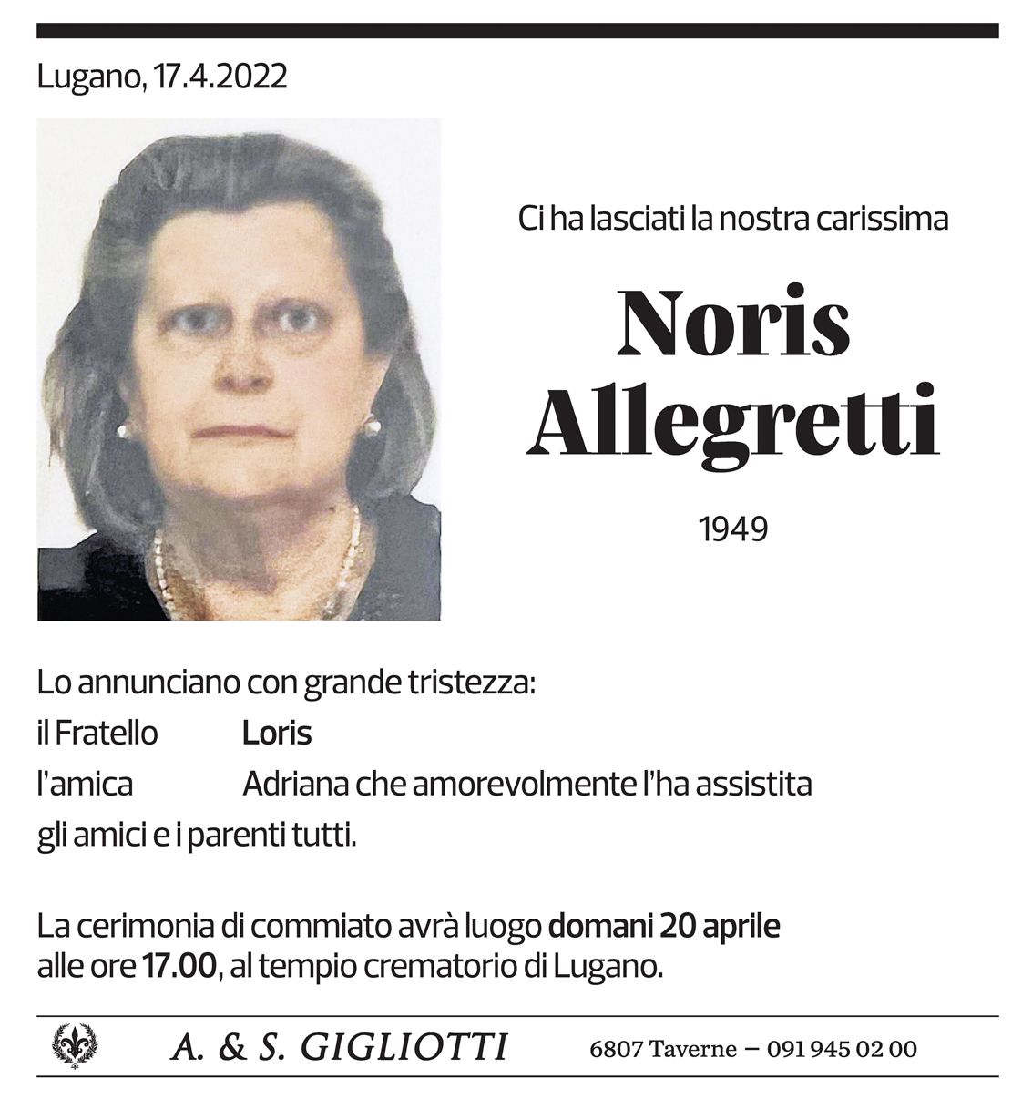 Annuncio funebre Noris Allegretti