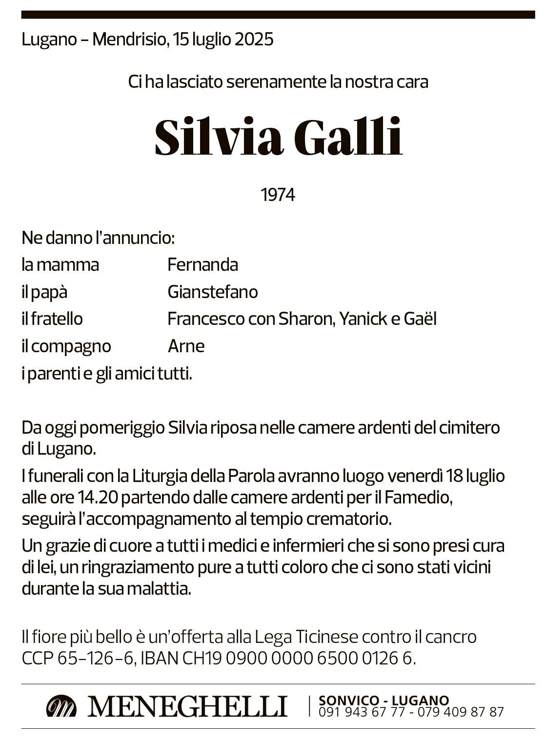 Annuncio funebre Silvia Galli