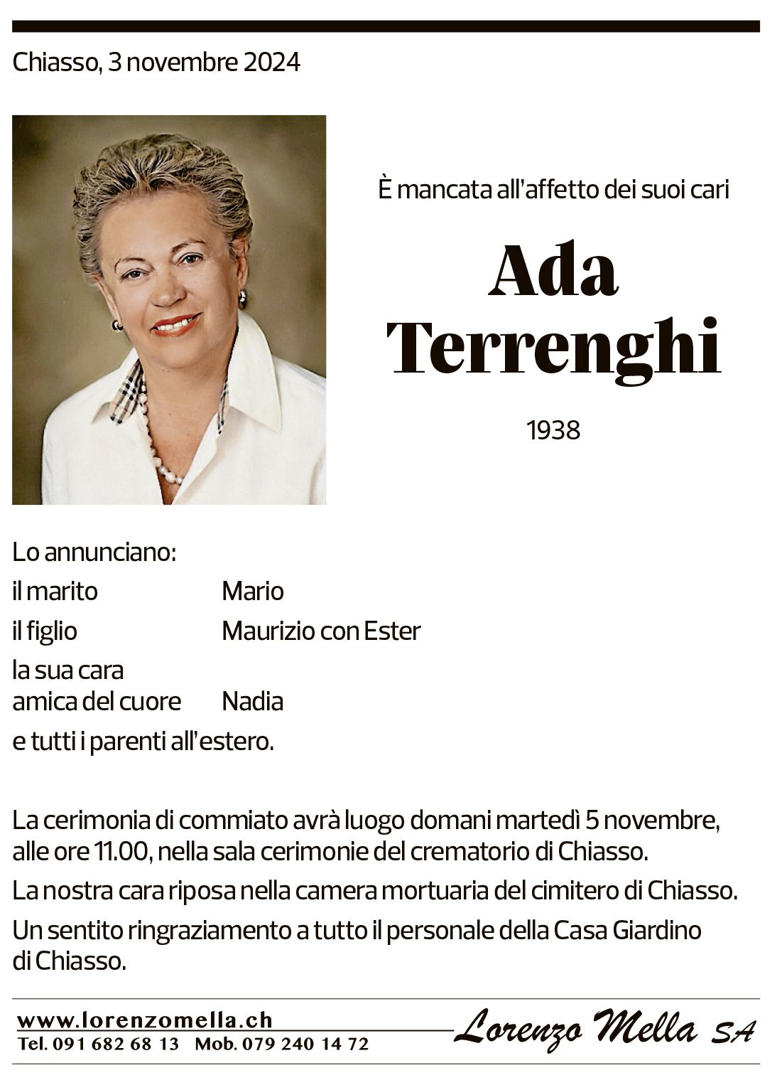 Annuncio funebre Ada Terrenghi