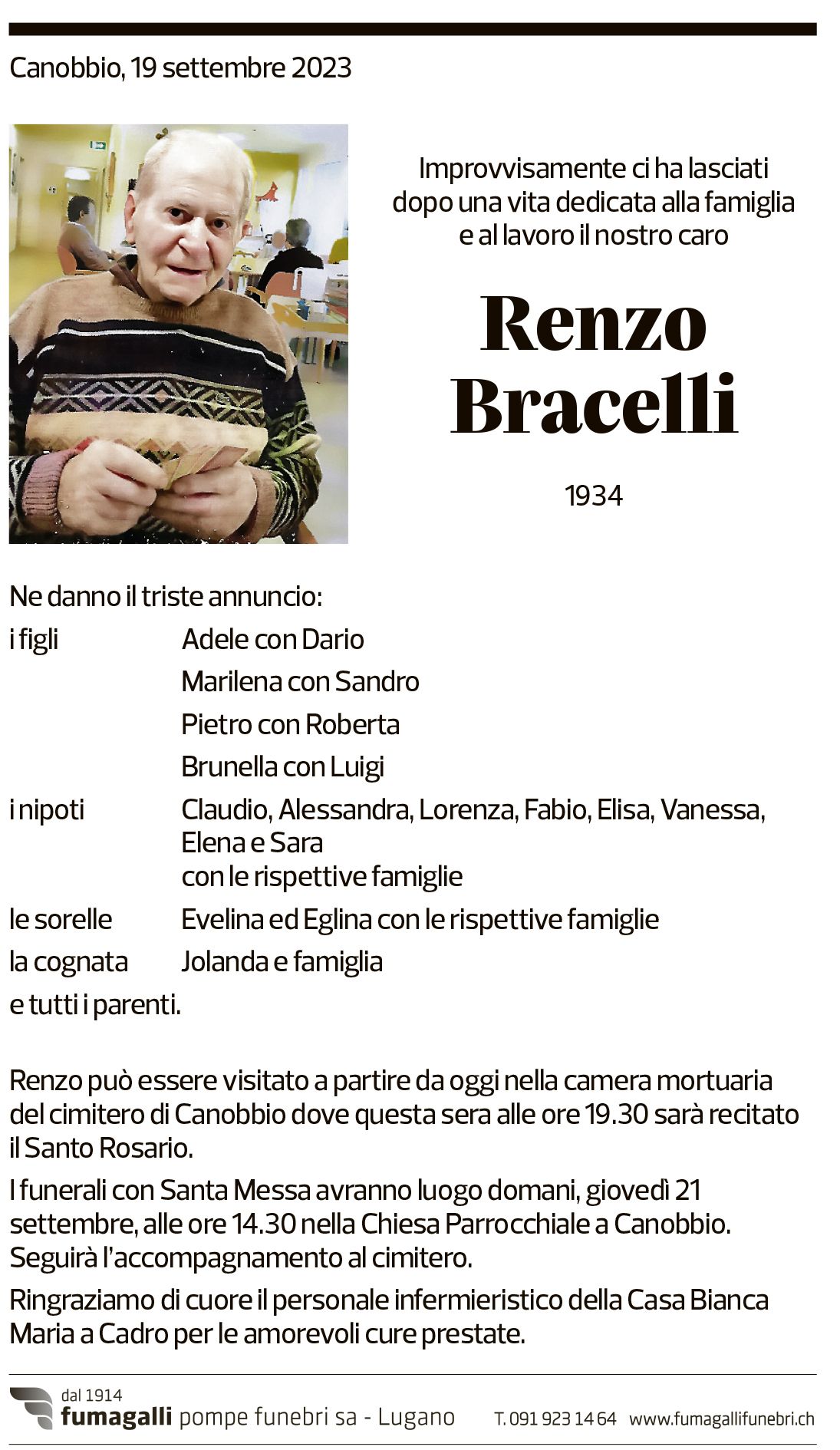 Annuncio funebre Renzo Bracelli