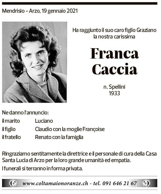 Annuncio funebre Franca Caccia