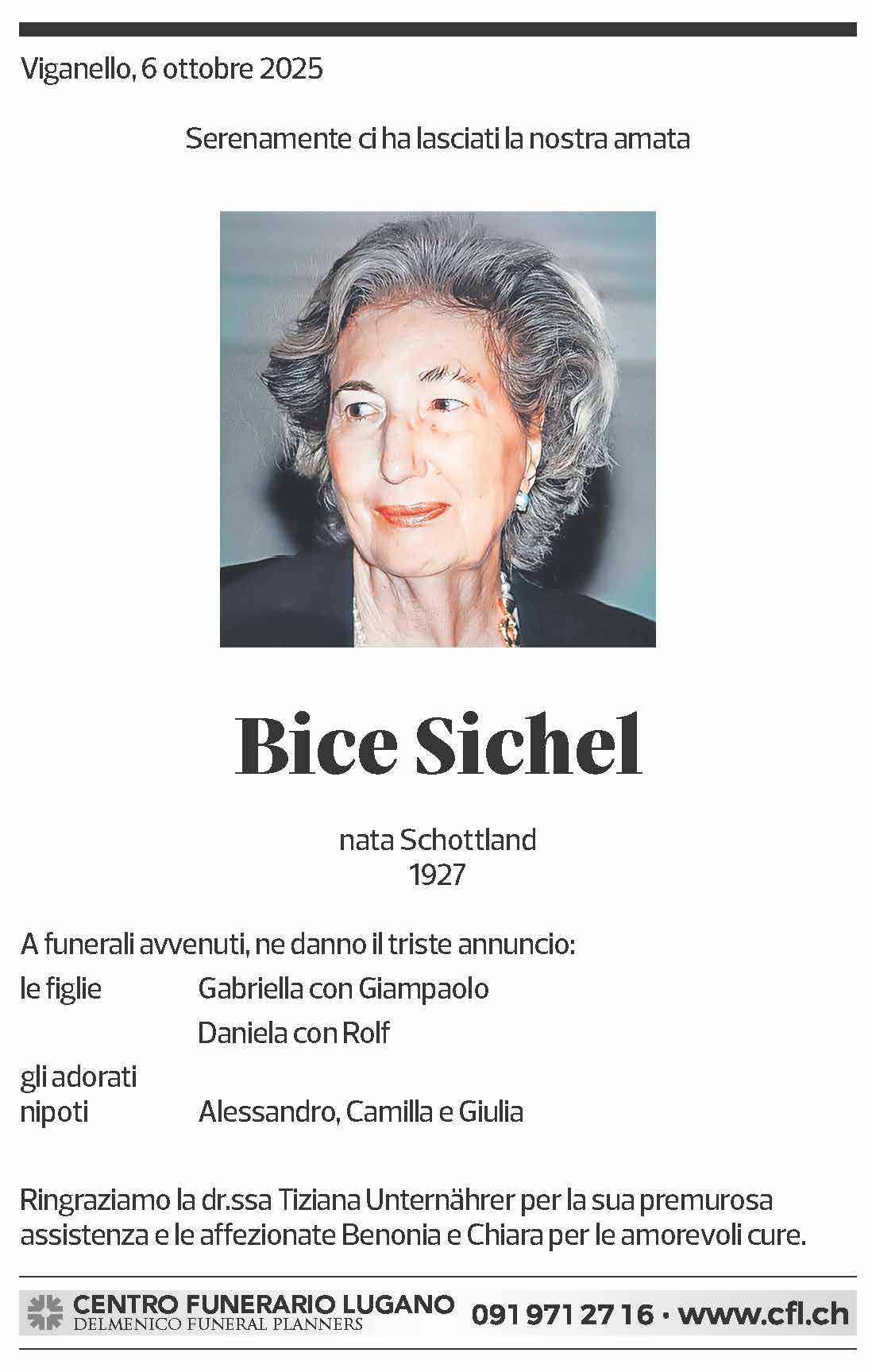 Annuncio funebre Bice Sichel