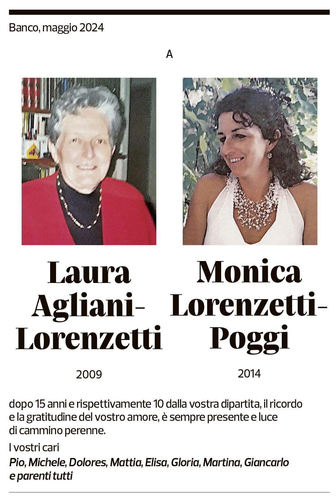 Annuncio funebre Laura Agliani-lorenzetti Monica Lorenzetti-poggi