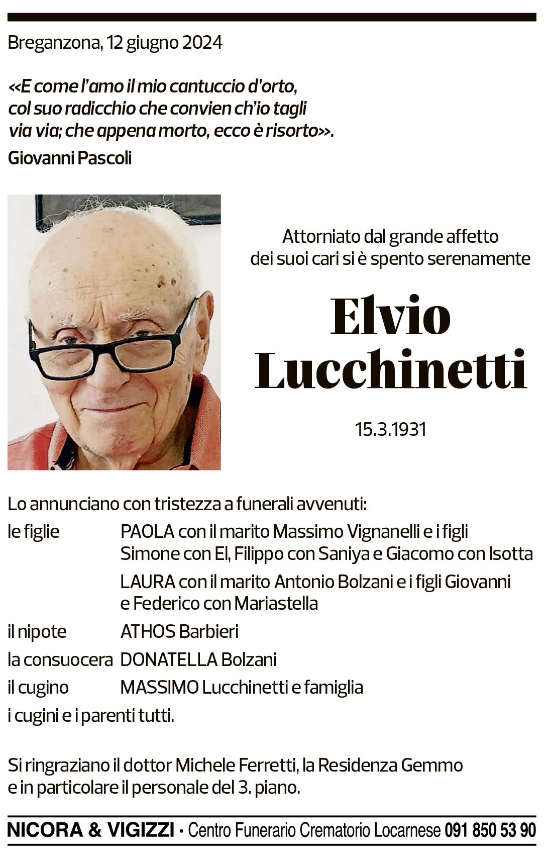Annuncio funebre Elvio Lucchinetti