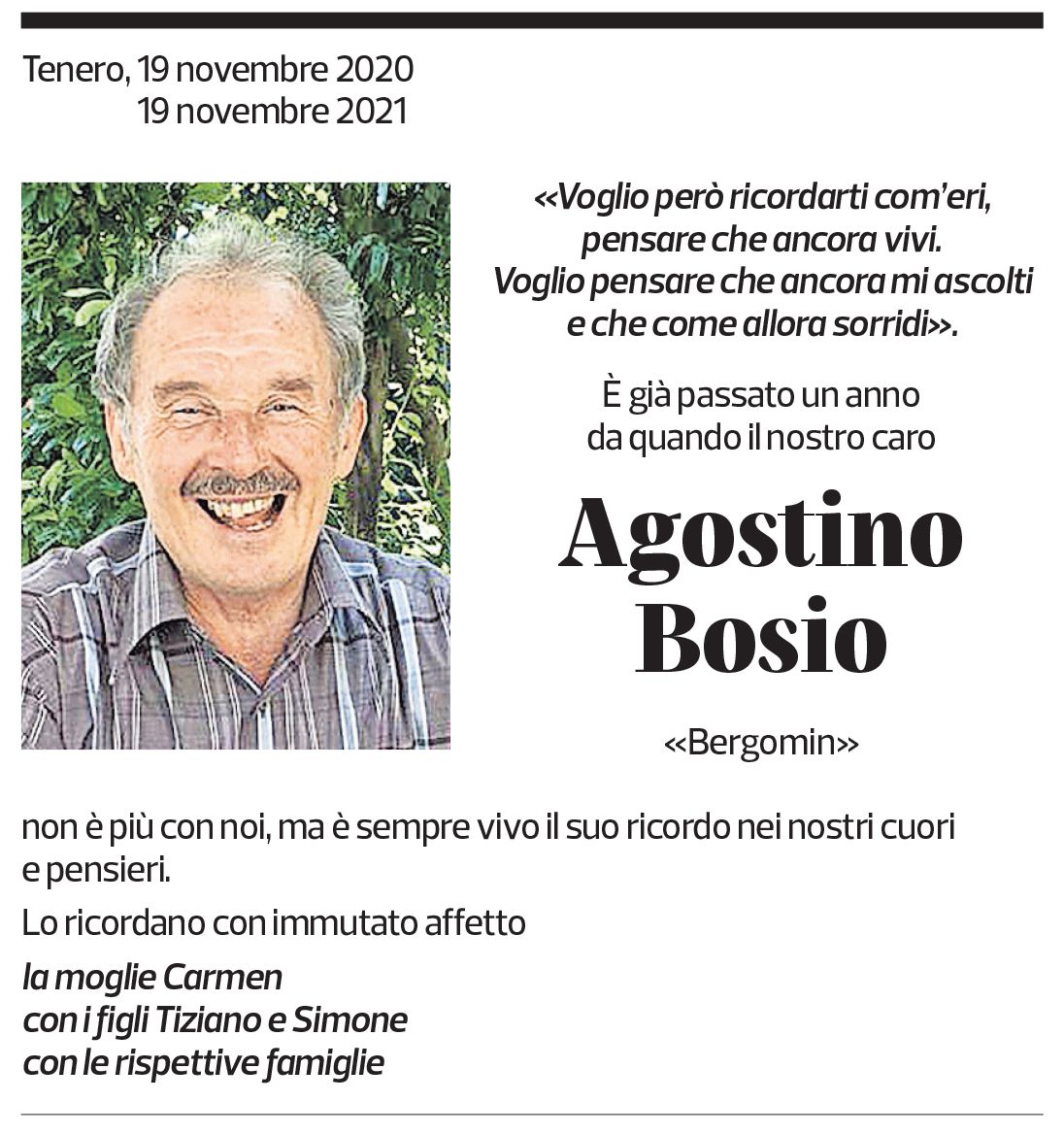 Annuncio funebre Agostino Bosio