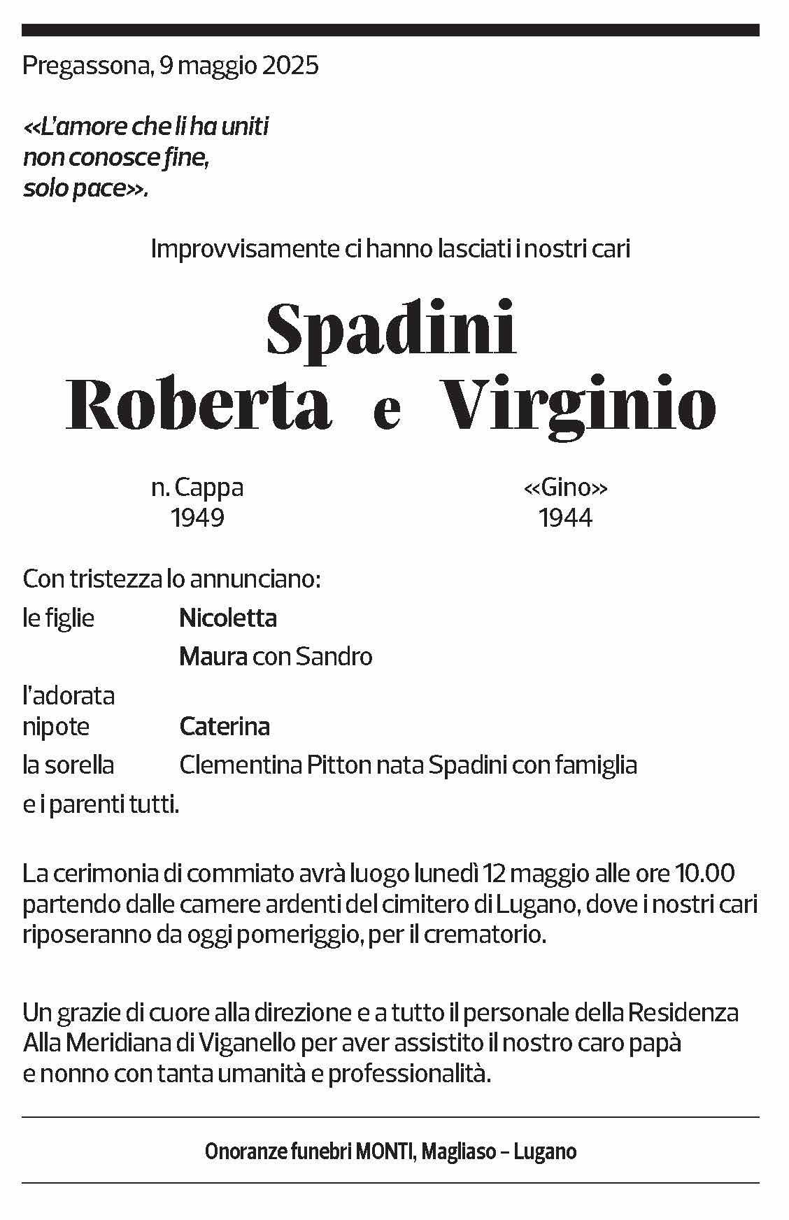 Annuncio funebre Roberta Spadini Virginio Spadini