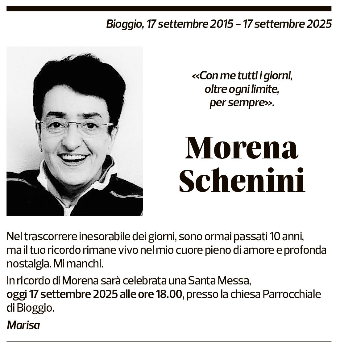 Annuncio funebre Morena Schenini