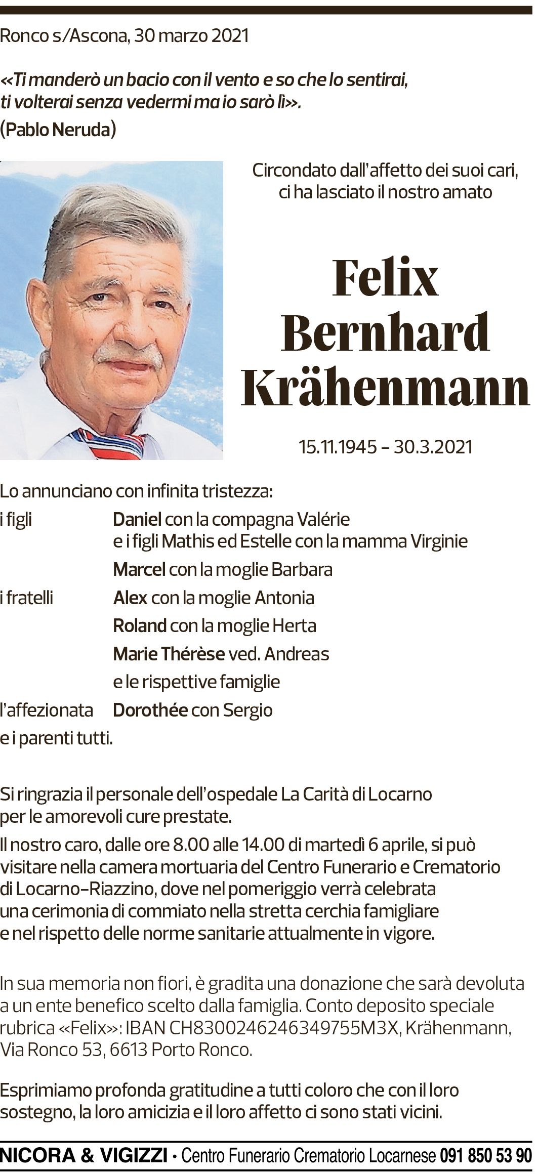 Annuncio funebre Felix Bernhard Krähenmann