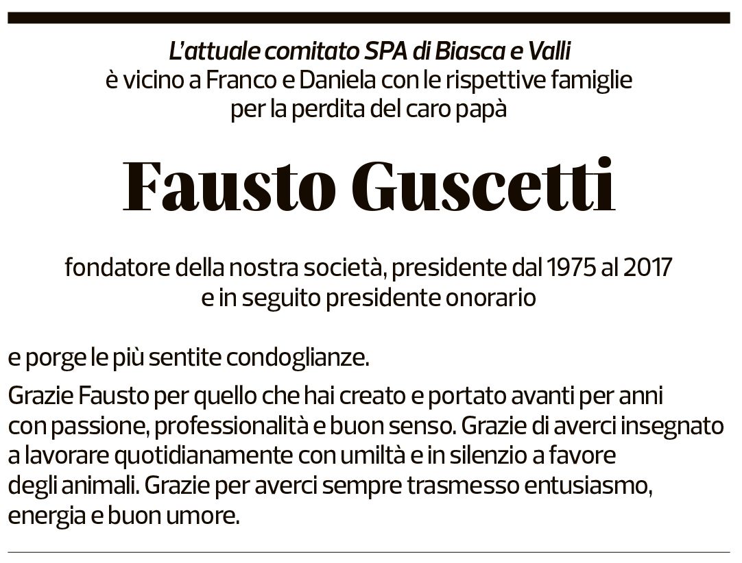 Annuncio funebre Fausto Guscetti