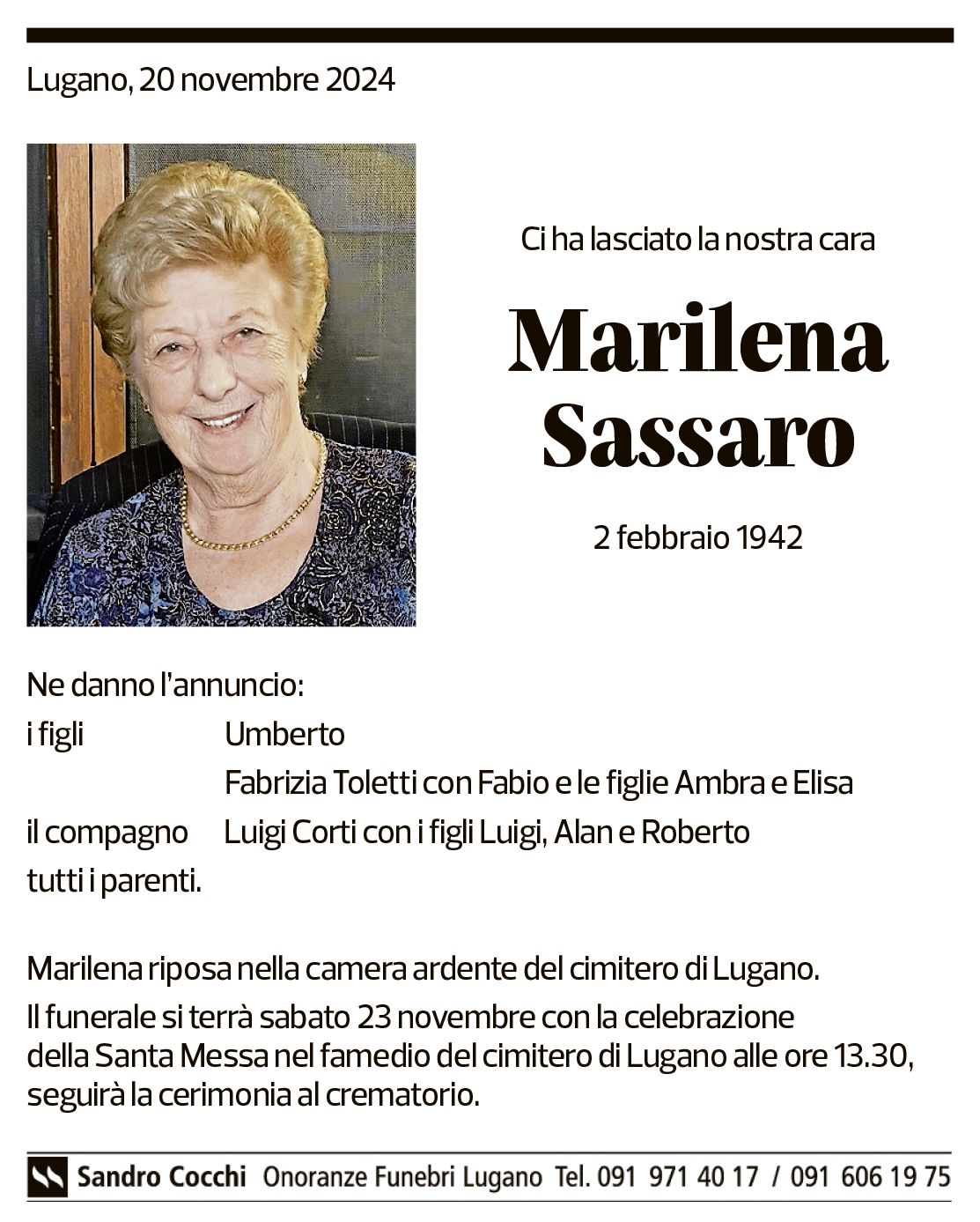 Annuncio funebre Marilena Sassaro