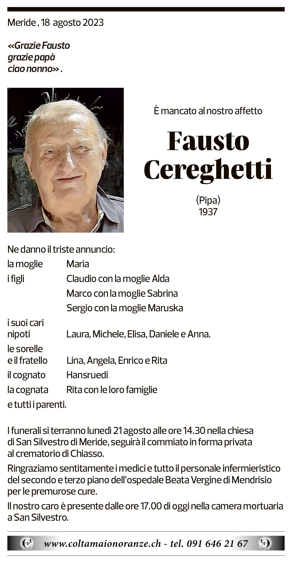 Annuncio funebre Fausto Cereghetti