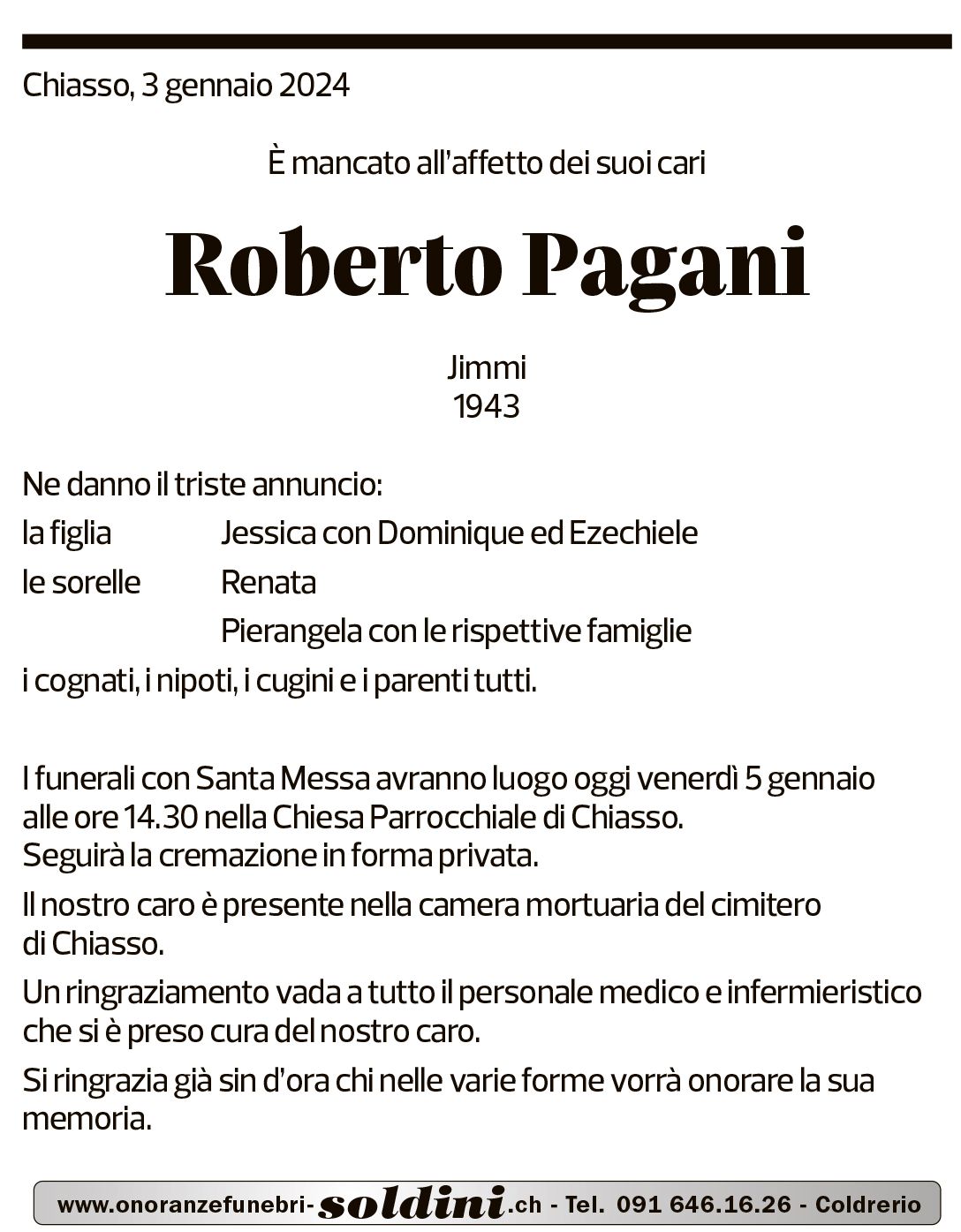 Annuncio funebre Roberto Pagani