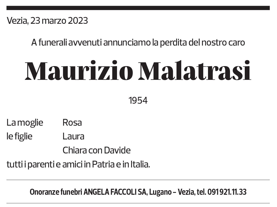 Annuncio funebre Maurizio Malatrasi