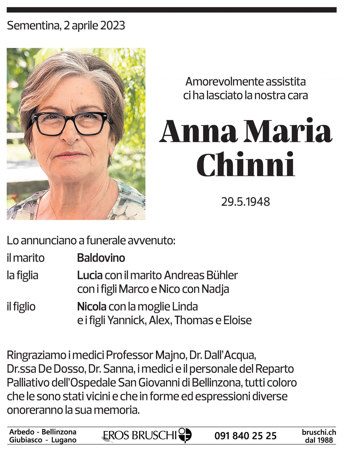 Annuncio funebre Anna Maria Chinni