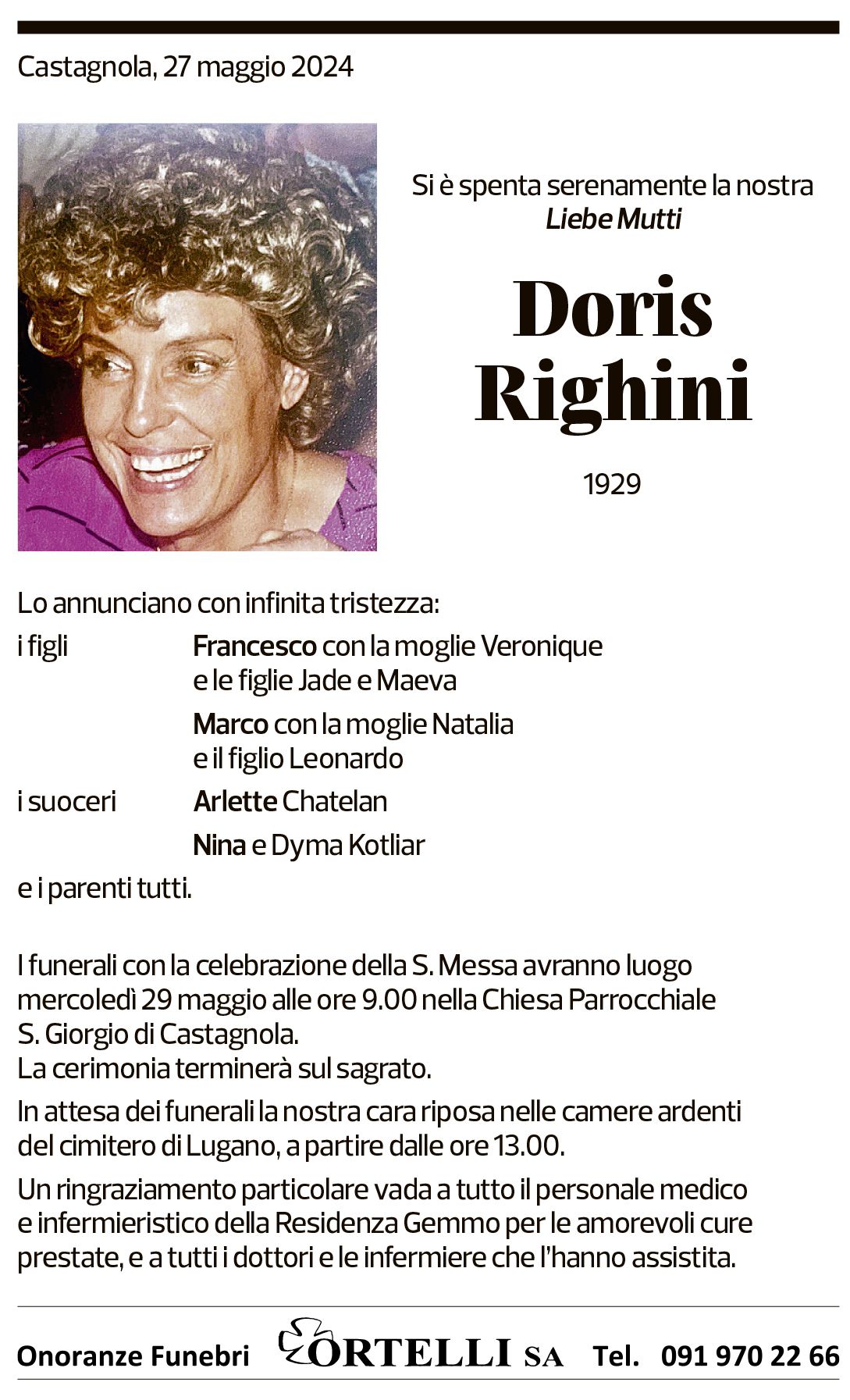 Annuncio funebre Doris Righini