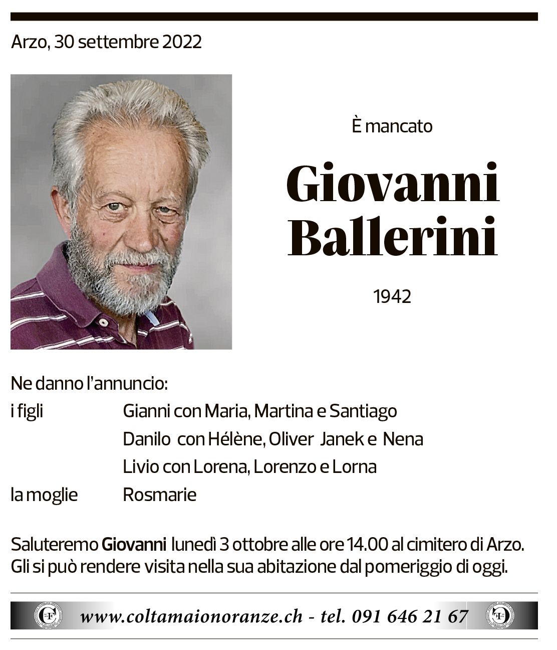 Annuncio funebre Giovanni Ballerini