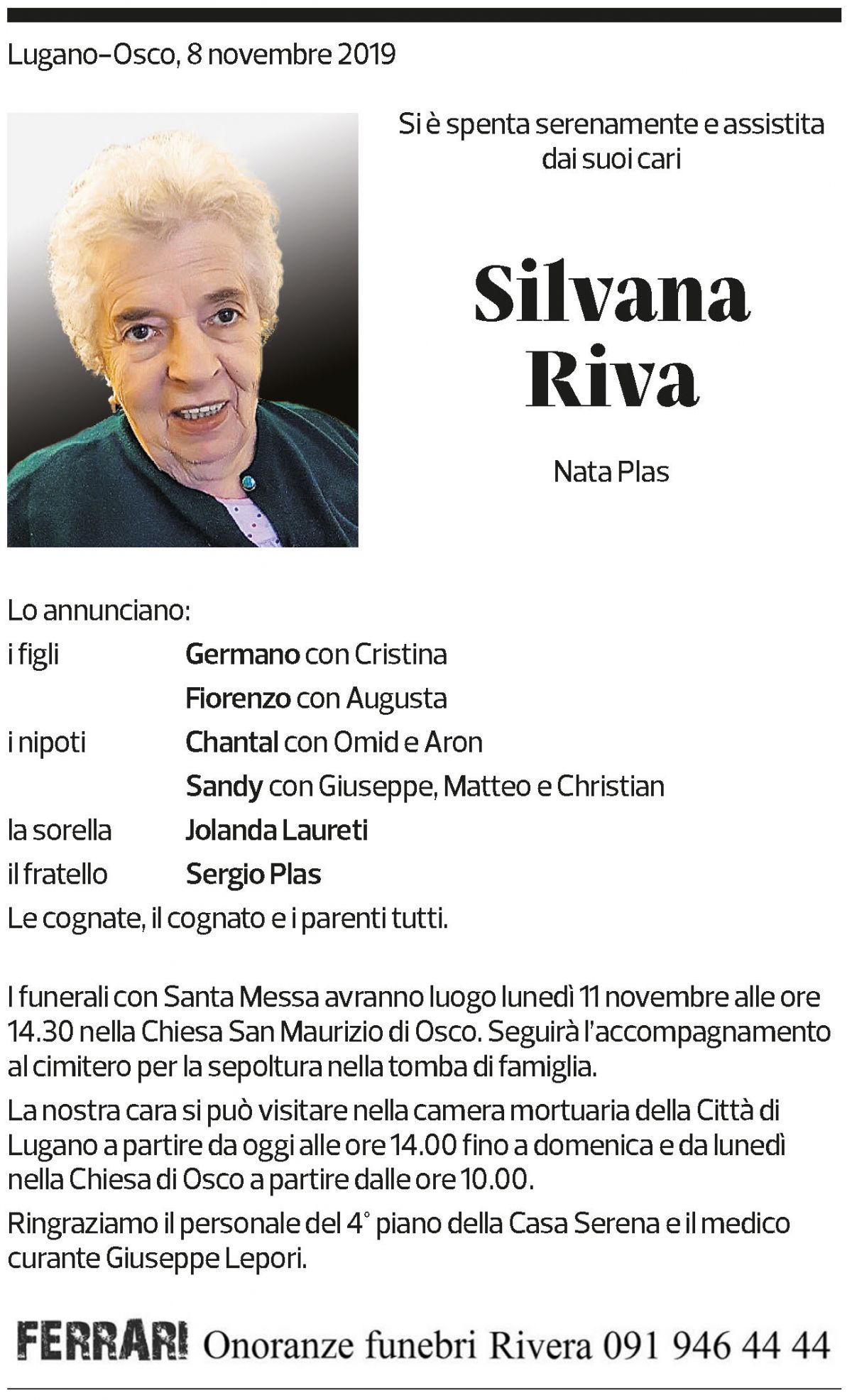 Annuncio funebre Silvana Riva
