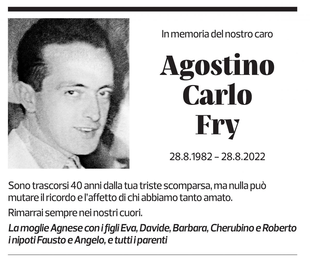 Annuncio funebre Agostino Carlo Fry