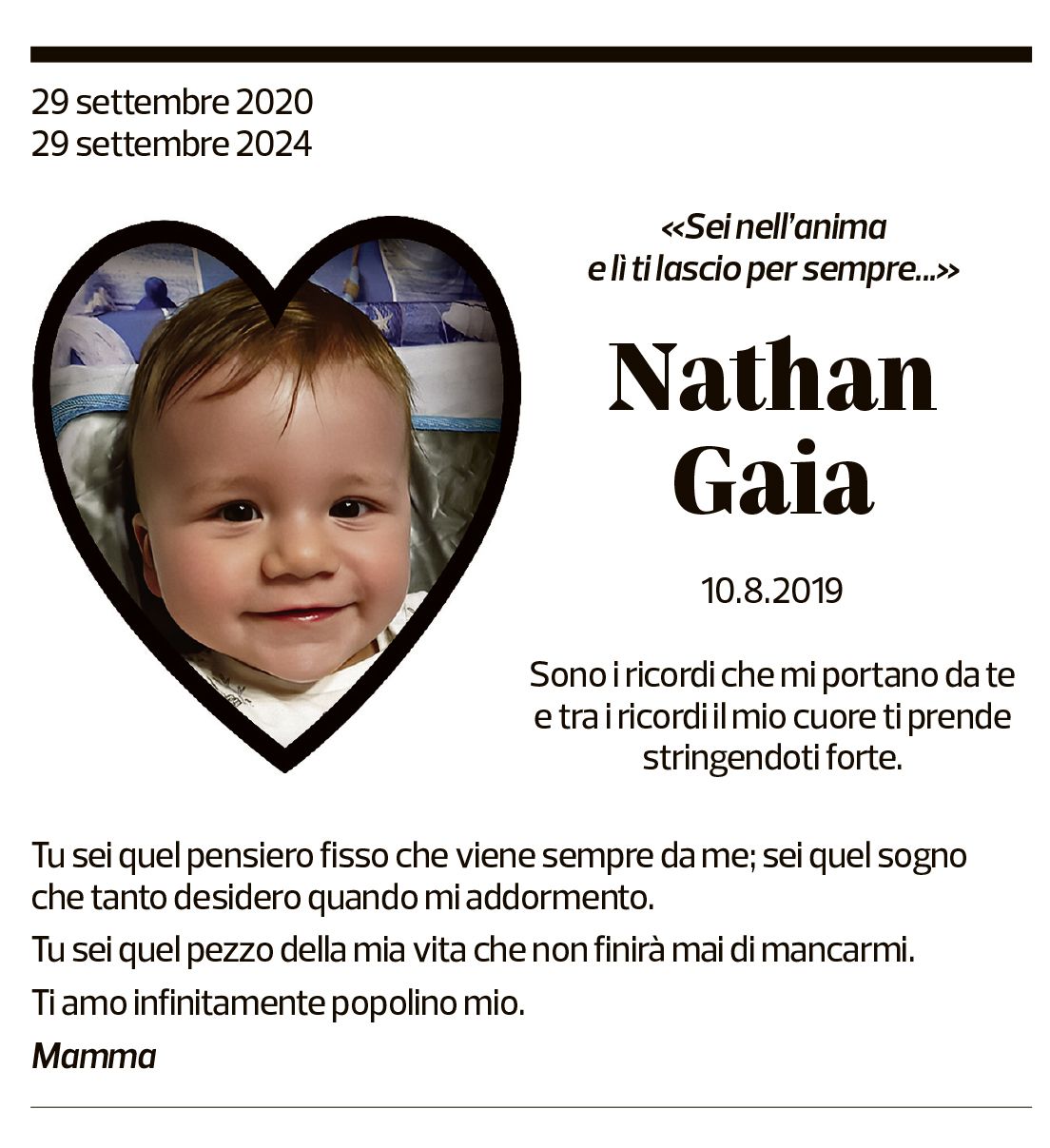 Annuncio funebre Nathan Gaia