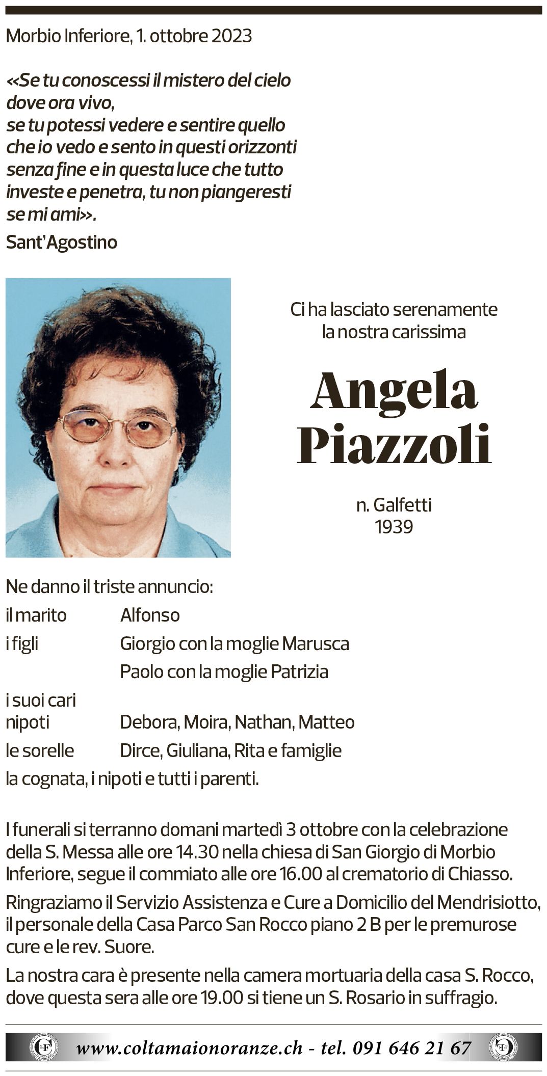 Annuncio funebre Angela Piazzoli