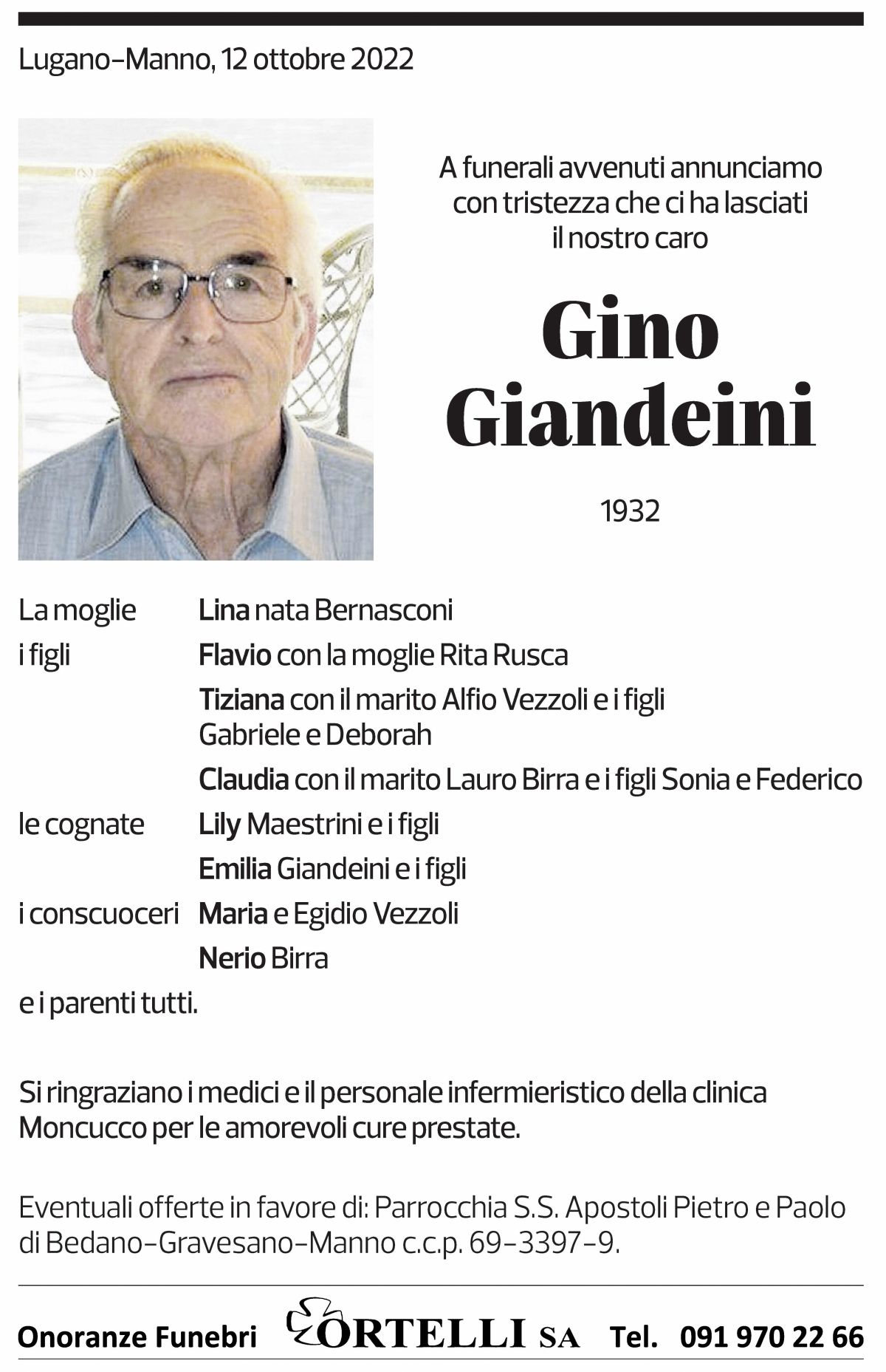 Annuncio funebre Gino Giandeini