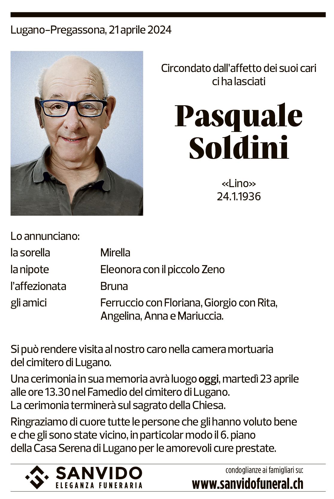 Annuncio funebre Pasquale Soldini