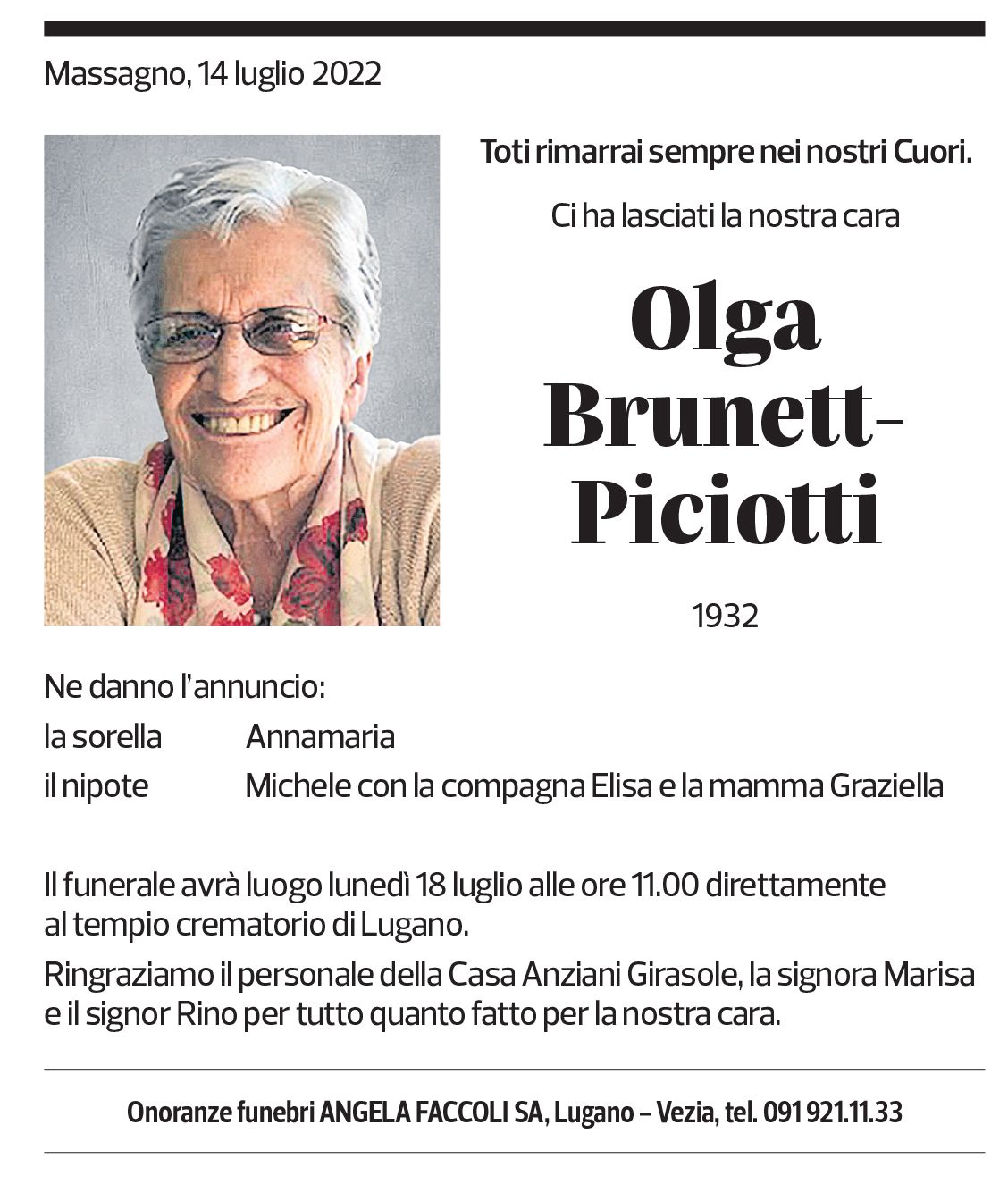 Annuncio funebre Olga Brunett-piciotti