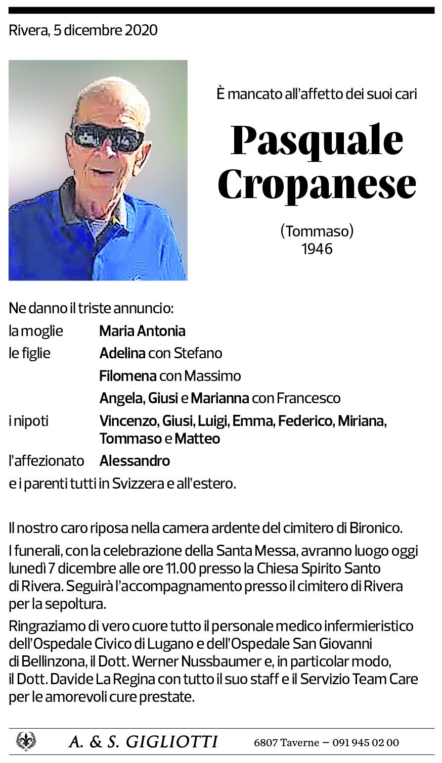 Annuncio funebre Pasquale Cropanese