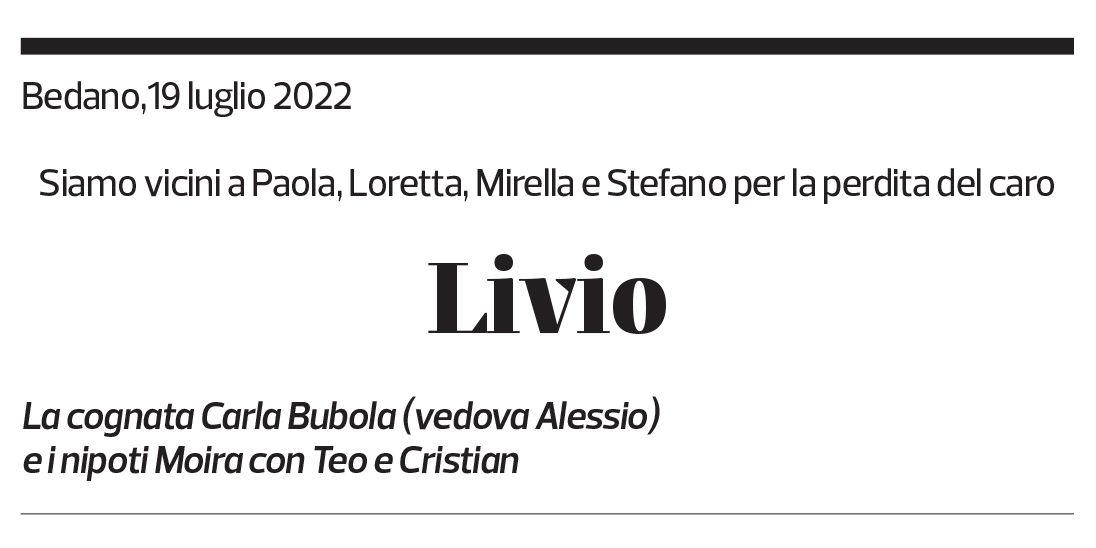 Annuncio funebre Livio Bubola