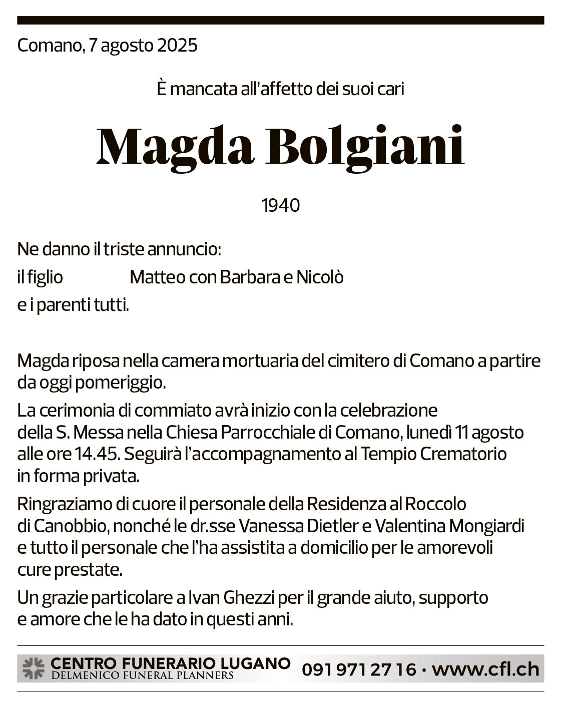 Annuncio funebre Magda Bolgiani