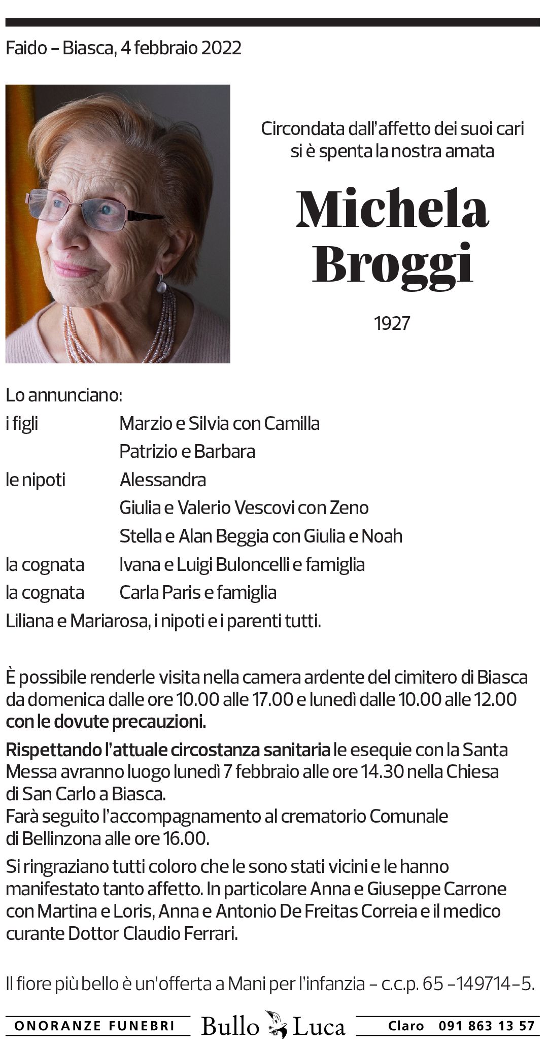 Annuncio funebre Michela Broggi