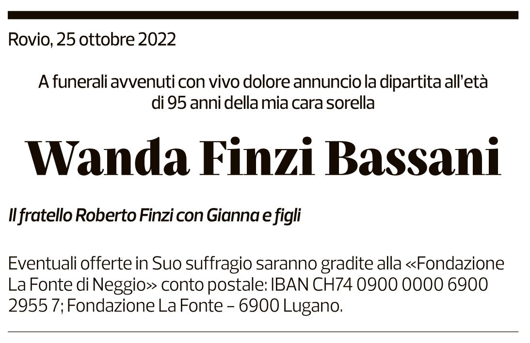 Annuncio funebre Wanda Finzi Bassani