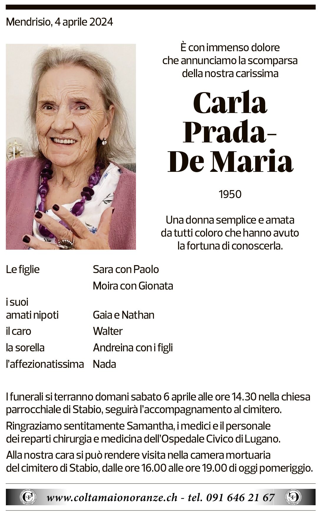 Annuncio funebre Carla Prada-de Maria