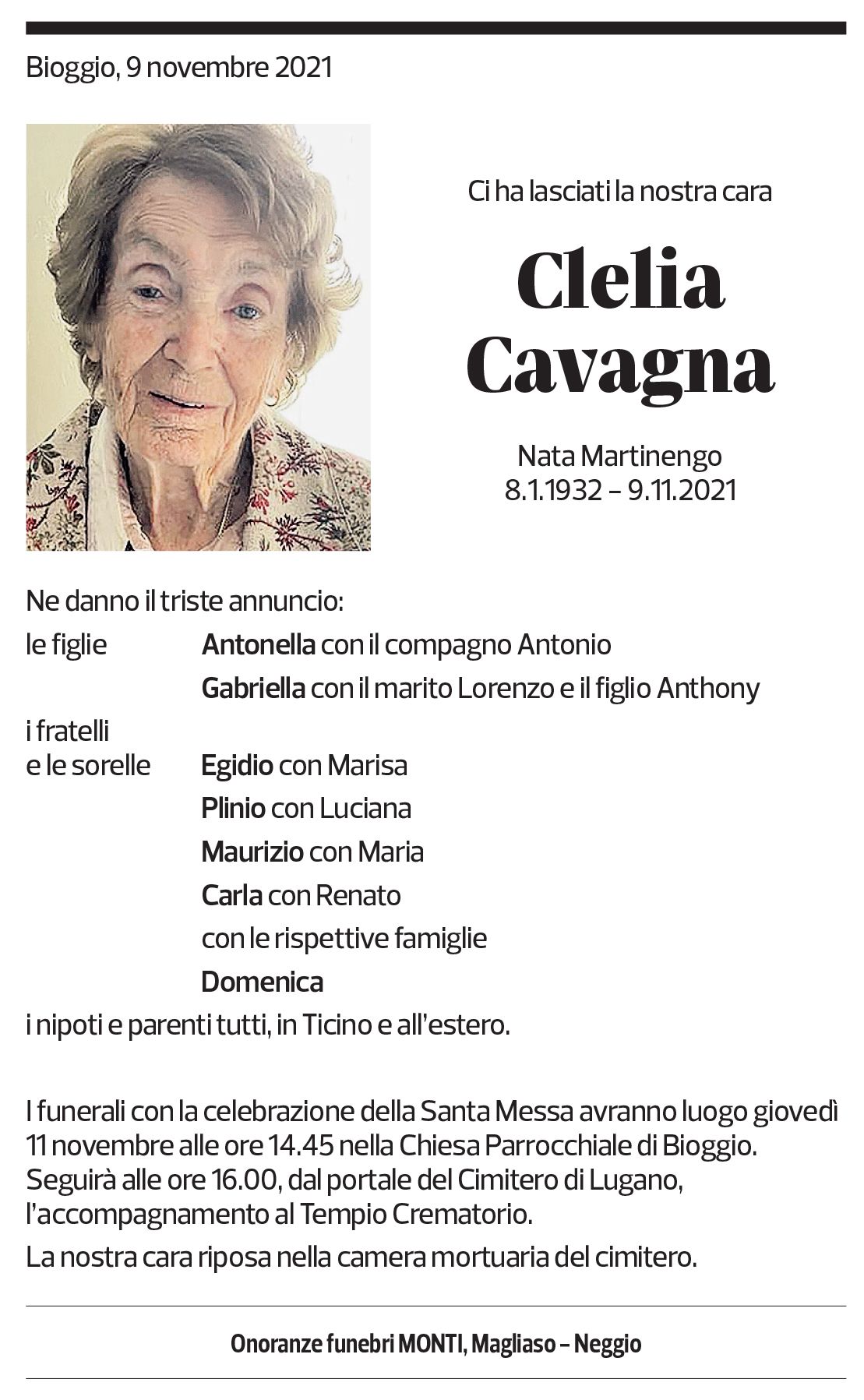 Annuncio funebre Clelia Cavagna