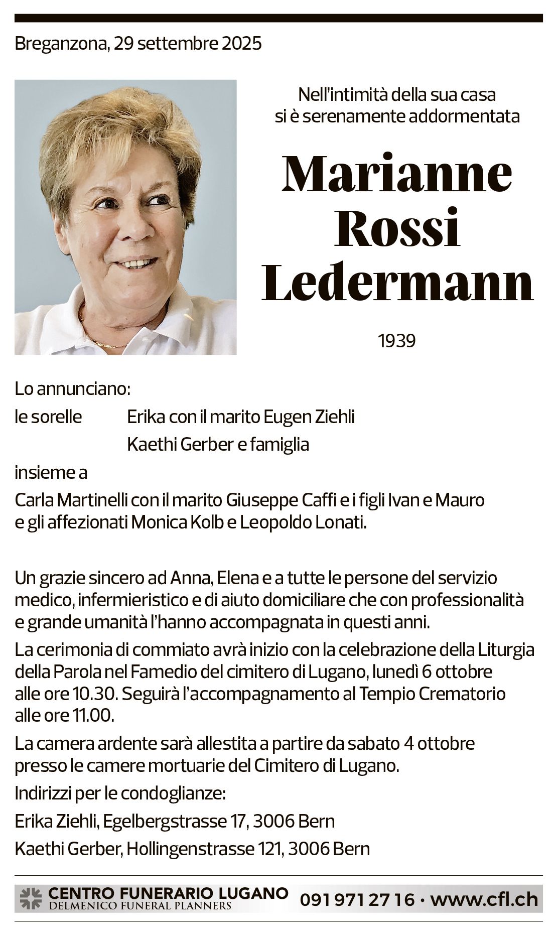 Annuncio funebre Marianne Rossi Ledermann