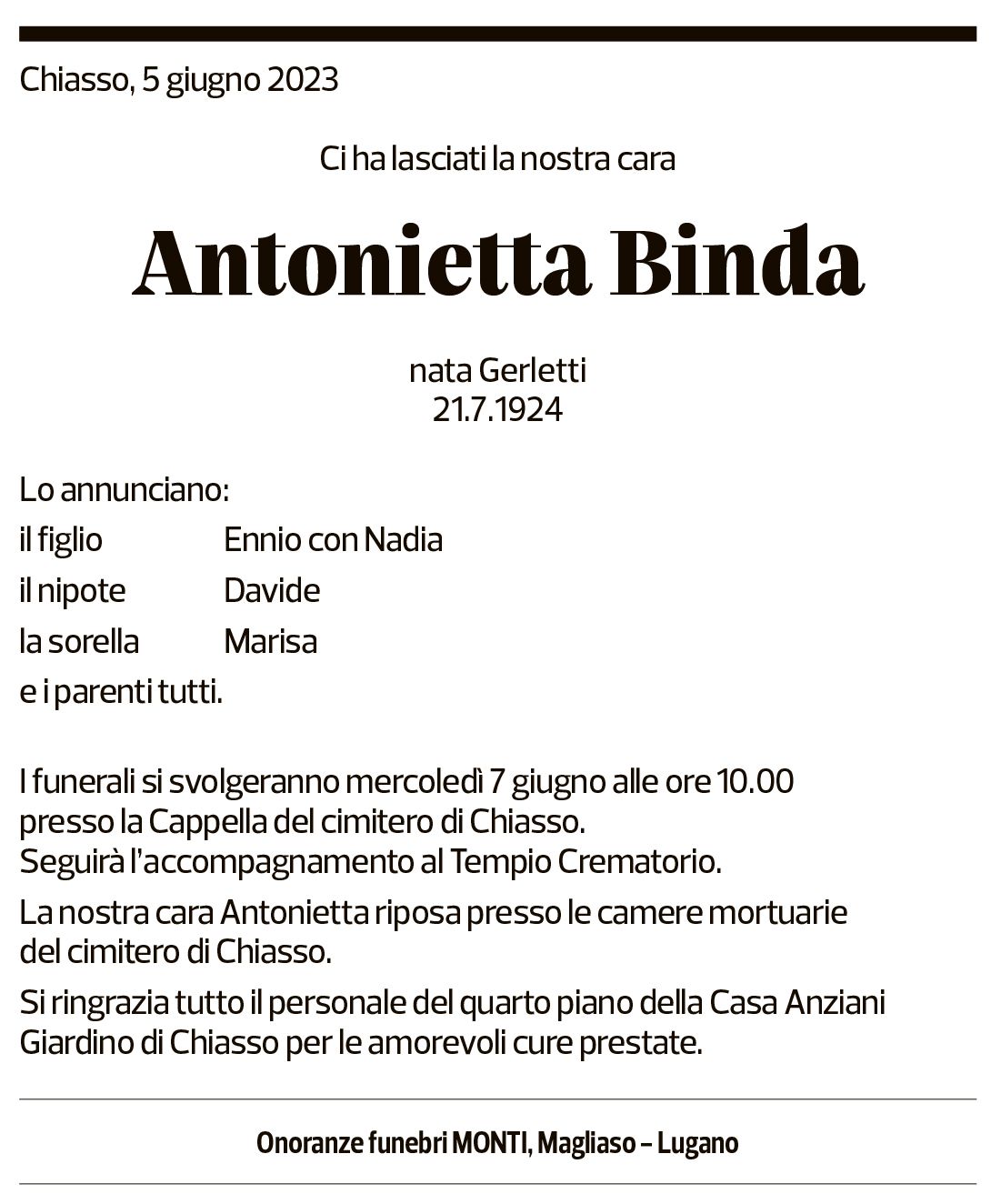 Annuncio funebre Antonietta Binda